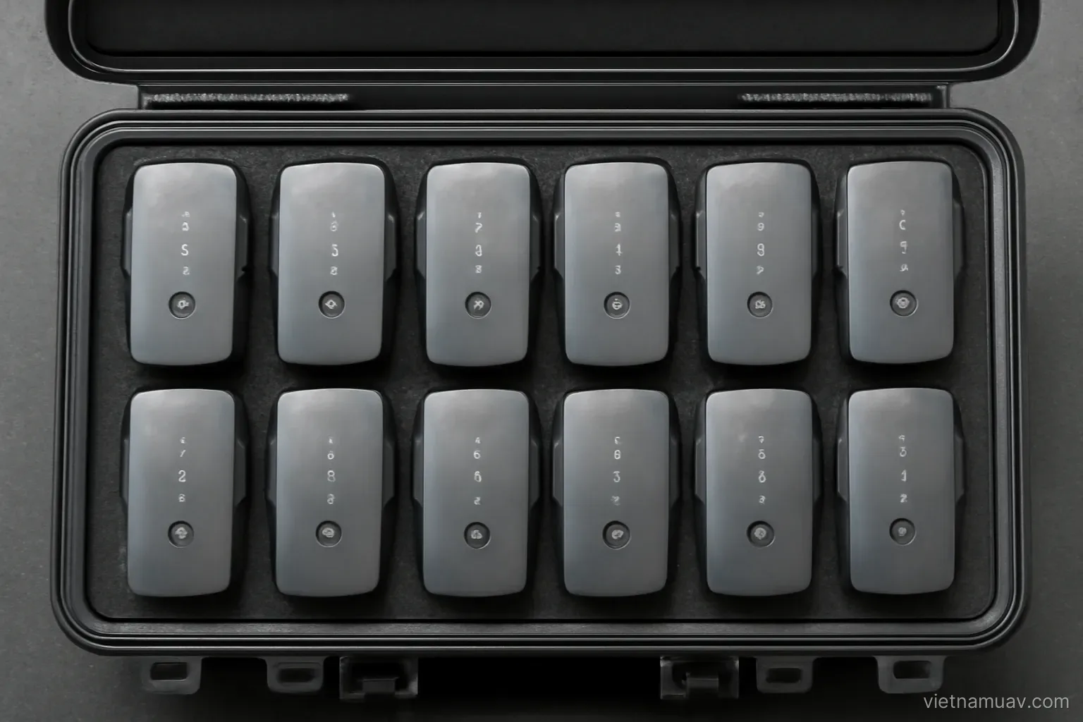 Drone batteries arranged in a carrying case
