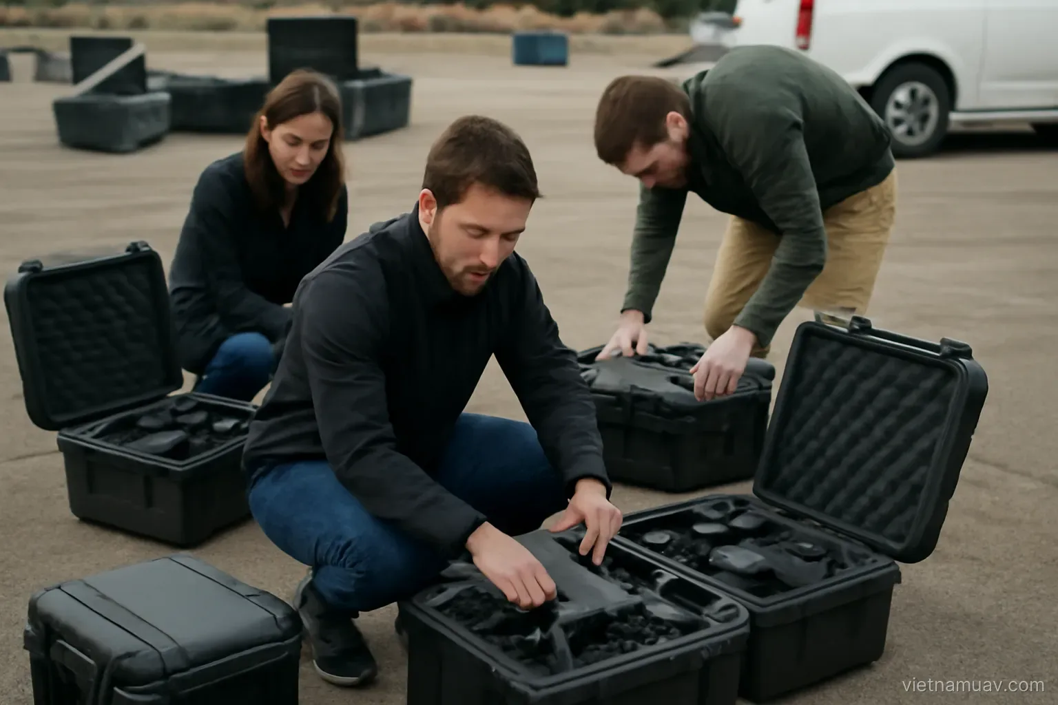 Team preparing drone equipment from cases outdoors
