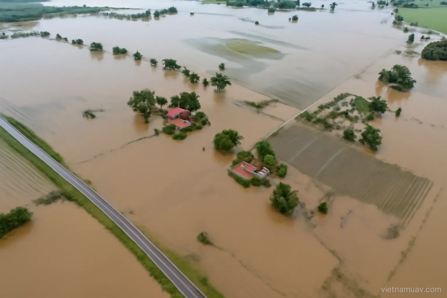 Flooded rural area seen from the air