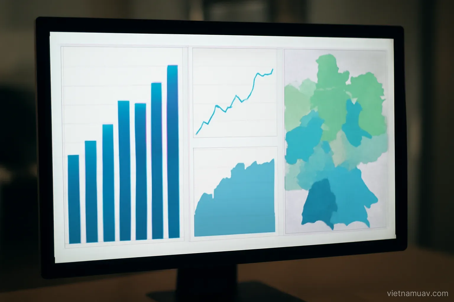 Charts and a map side by side on a screen