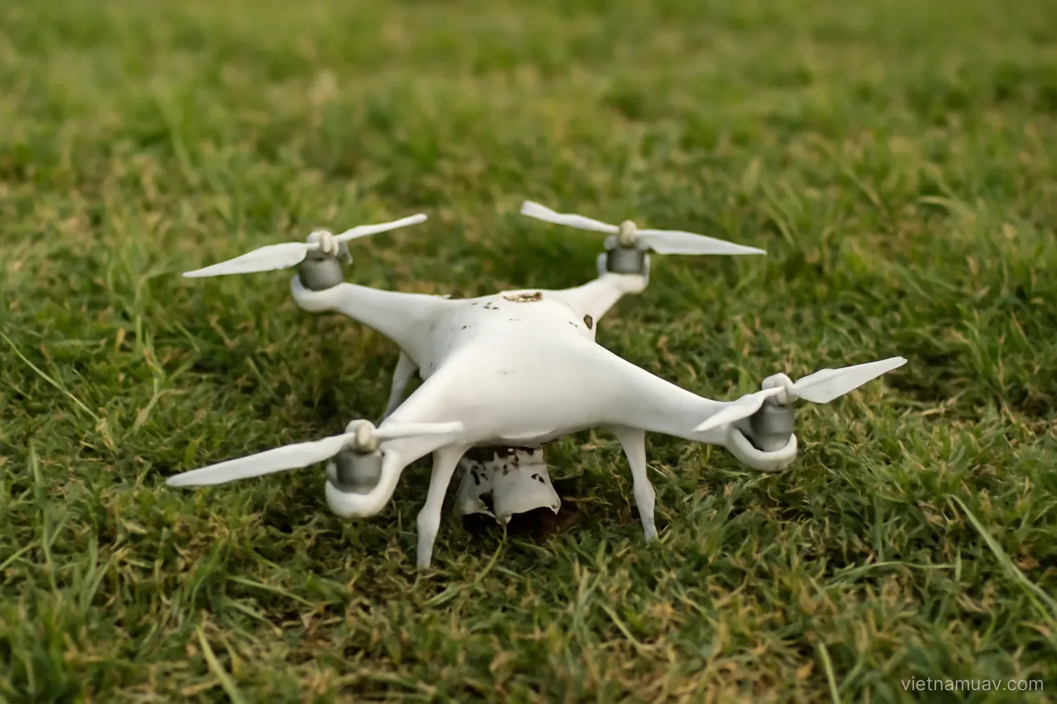 A crashed drone lying in grass