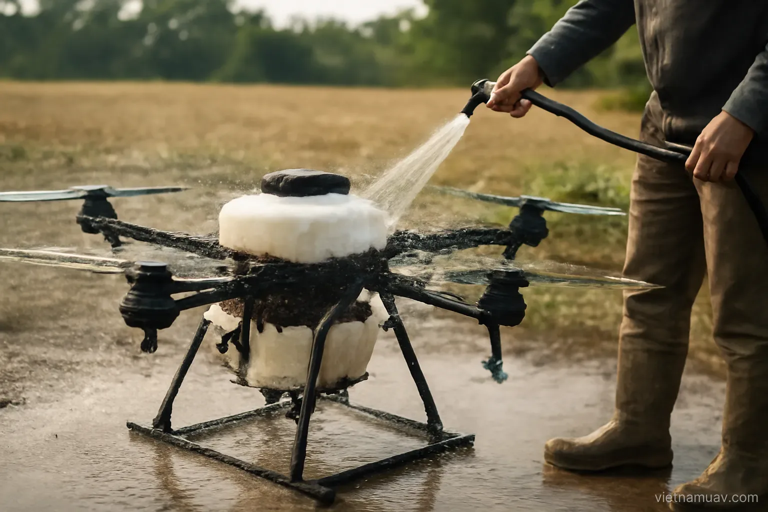 Person washing an agricultural drone after work