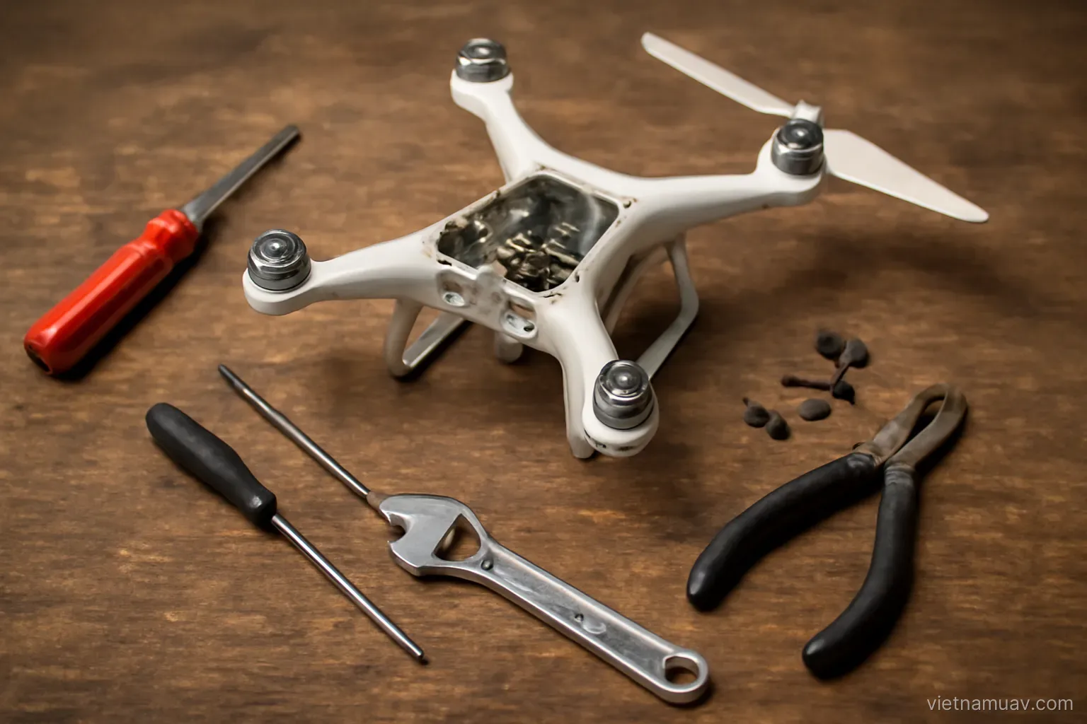 Tools beside a partly disassembled drone