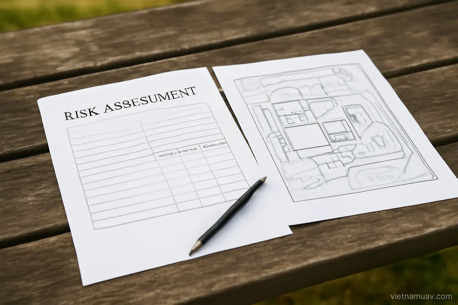 Risk assessment form and site map on a table