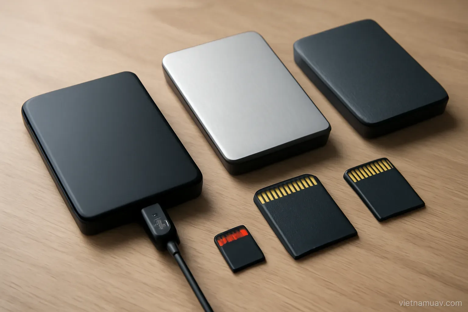 External drives and memory cards on a desk