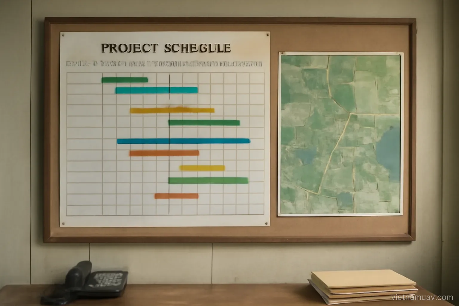 Project schedule board and area map in a field office
