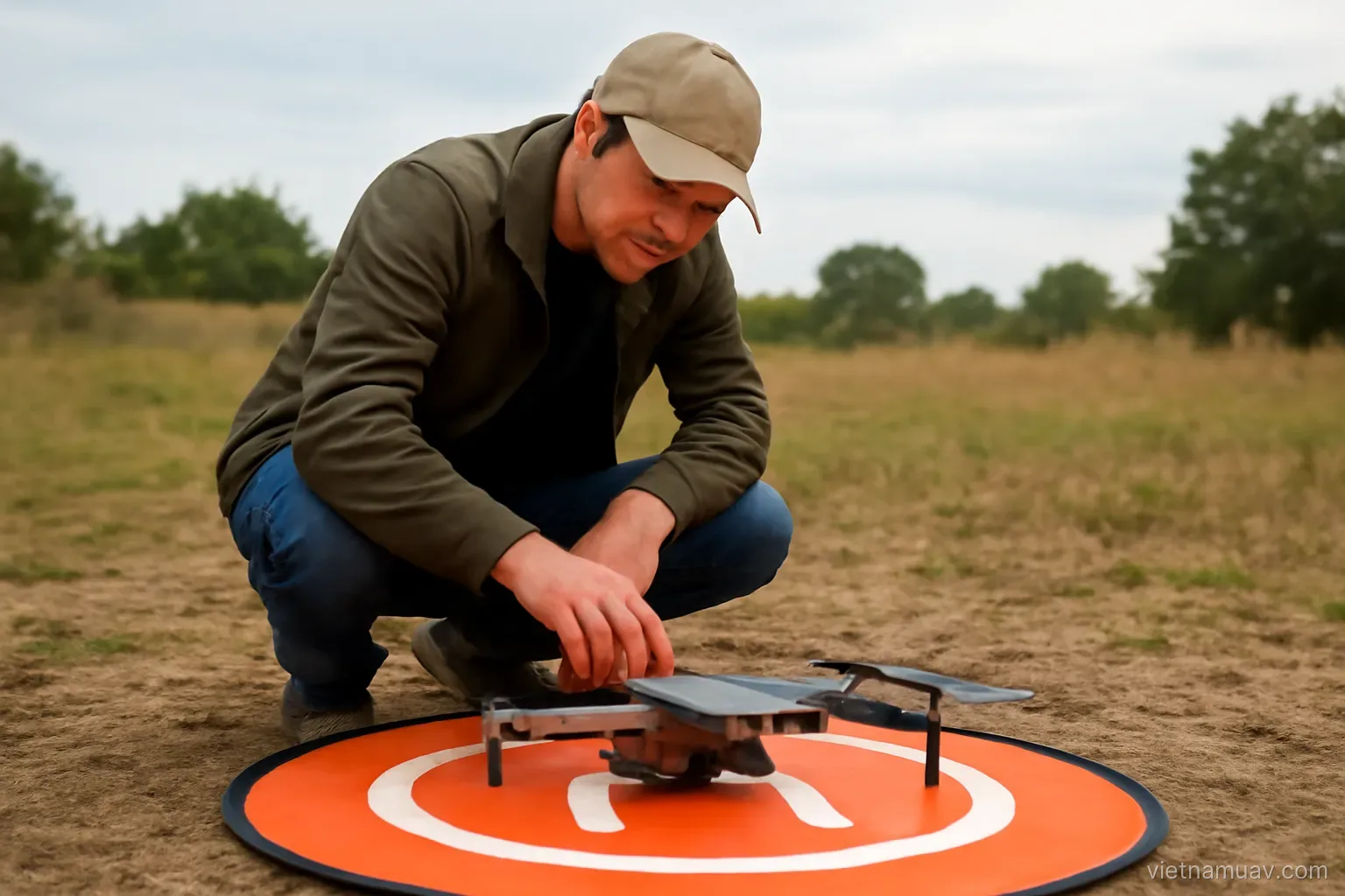 Person inspecting a drone before takeoff
