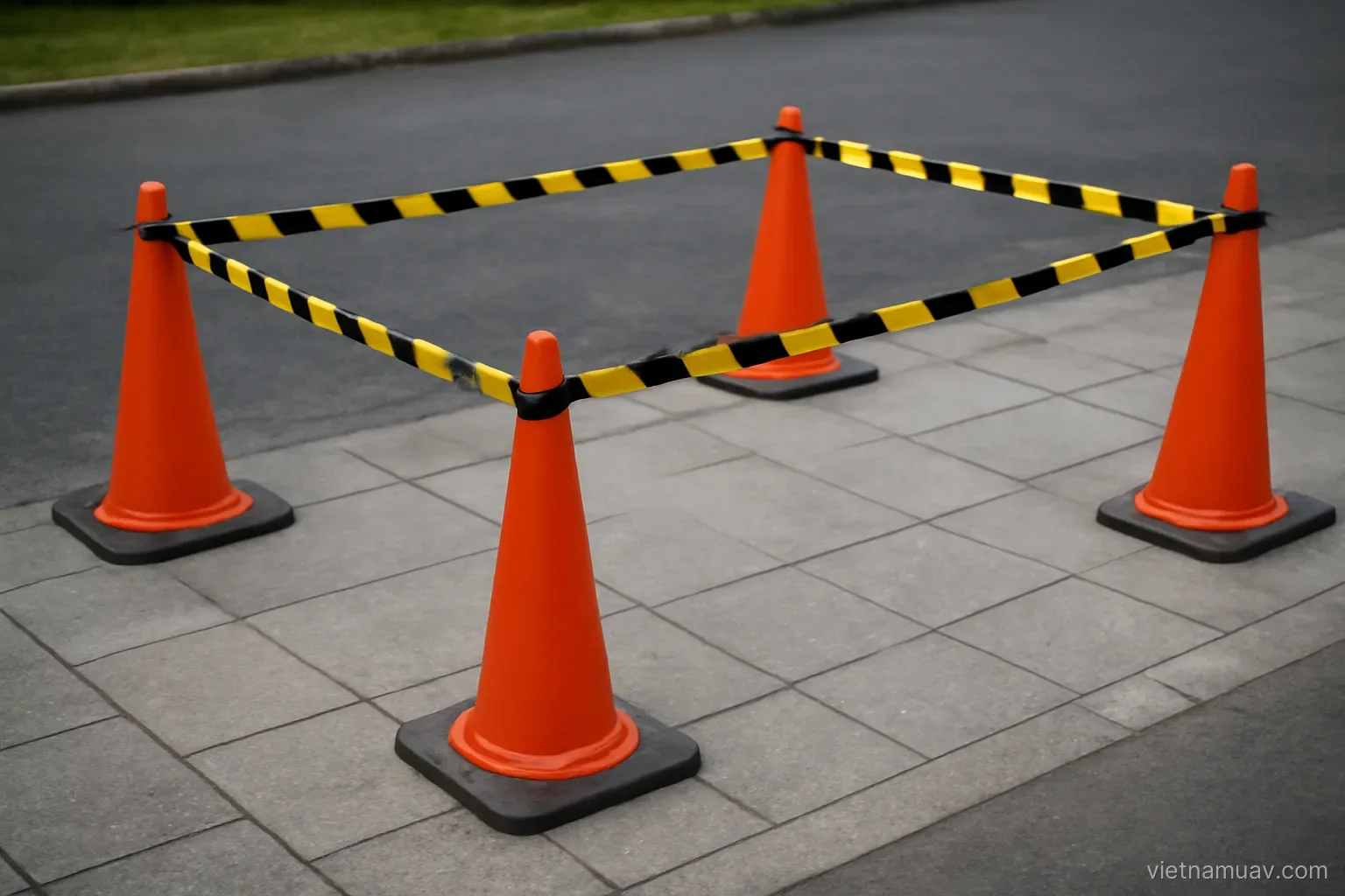 Cordoned work area with cones and tape