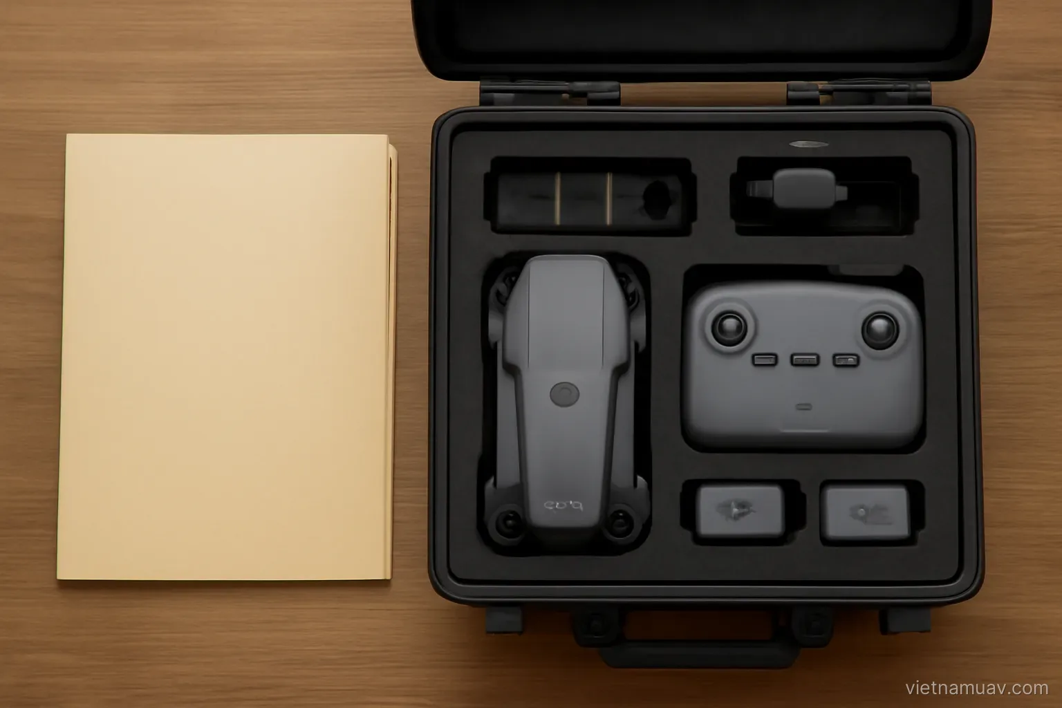 Document folder beside drone equipment