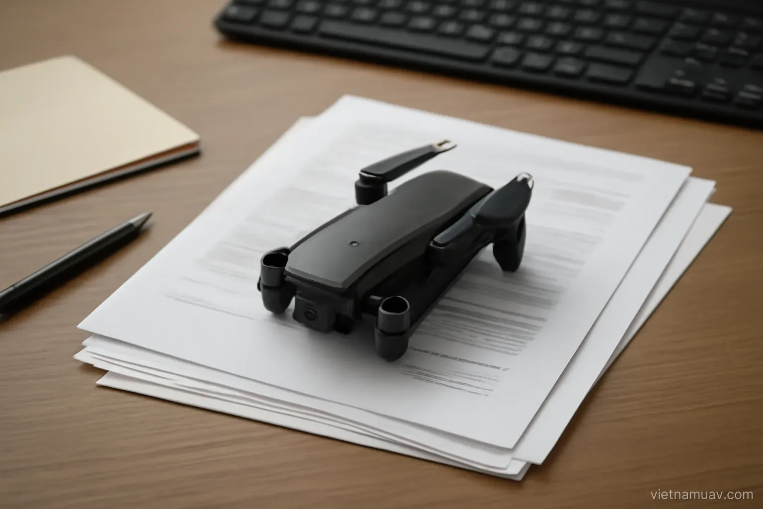Documents and a folded drone on a desk