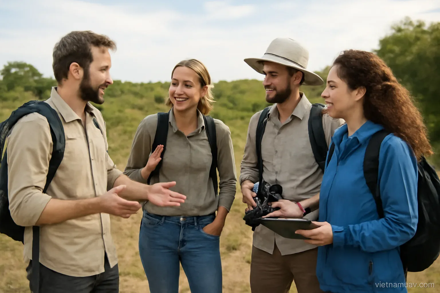 Team discussing after fieldwork outdoors