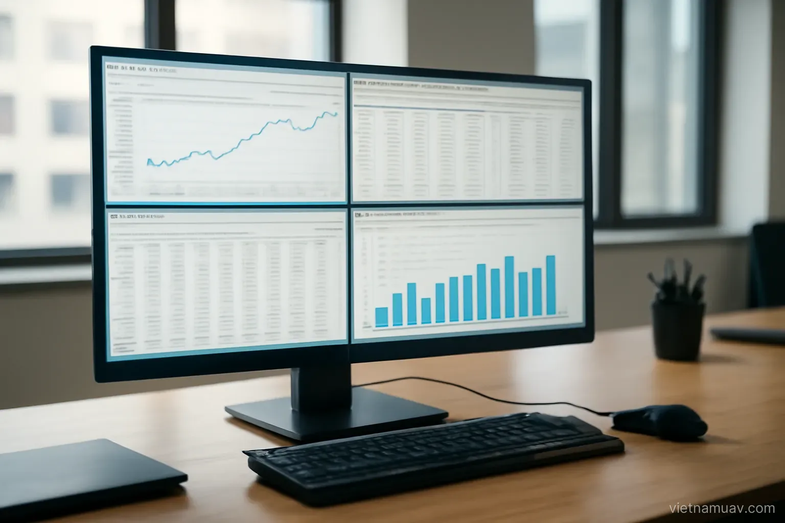 Workstation processing data with several windows open