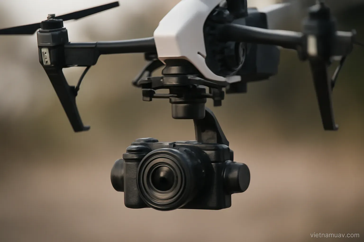 Three-axis gimbal with camera beneath a drone